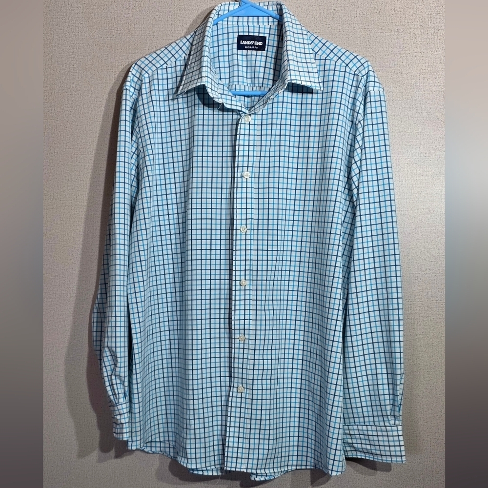 Lands' End Men's Blue Plaid Button Down Shirt